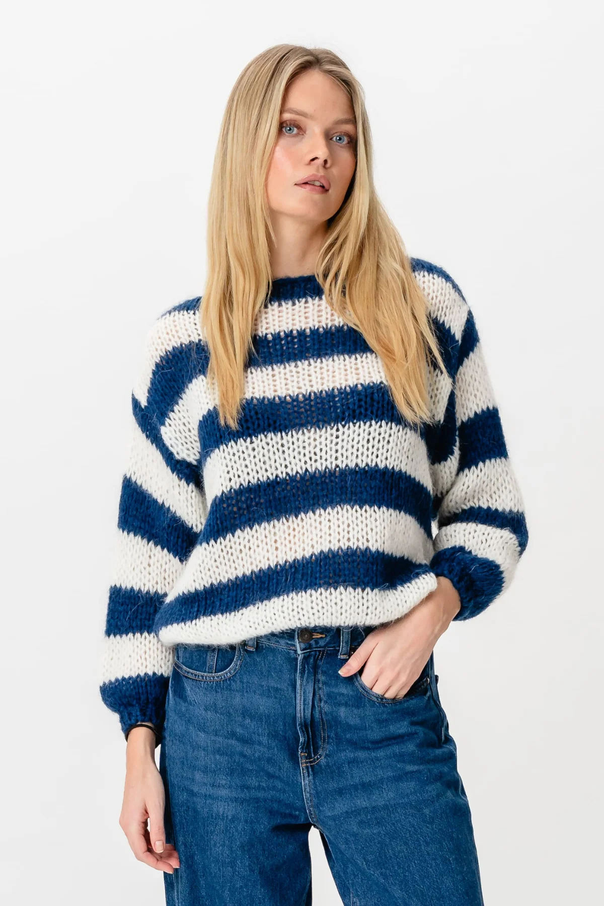 Celina Striped Knitted Sweater - White-Navy - Image 7