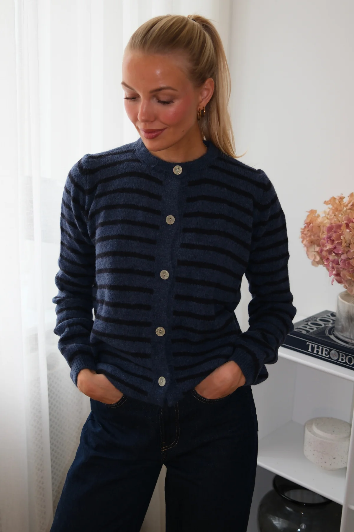 Crizette Striped Knit Cardigan - Blue/Deep Blue - Image 3