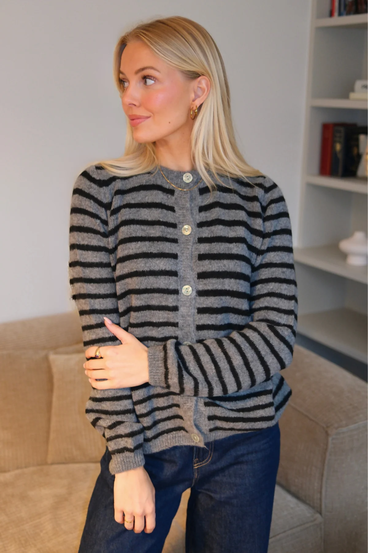 Crizette Striped Knit Cardigan - Grey/Black - Image 3