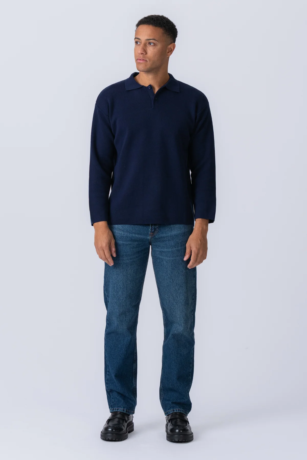 Knitted Long Sleeve Polo - Navy - Image 4