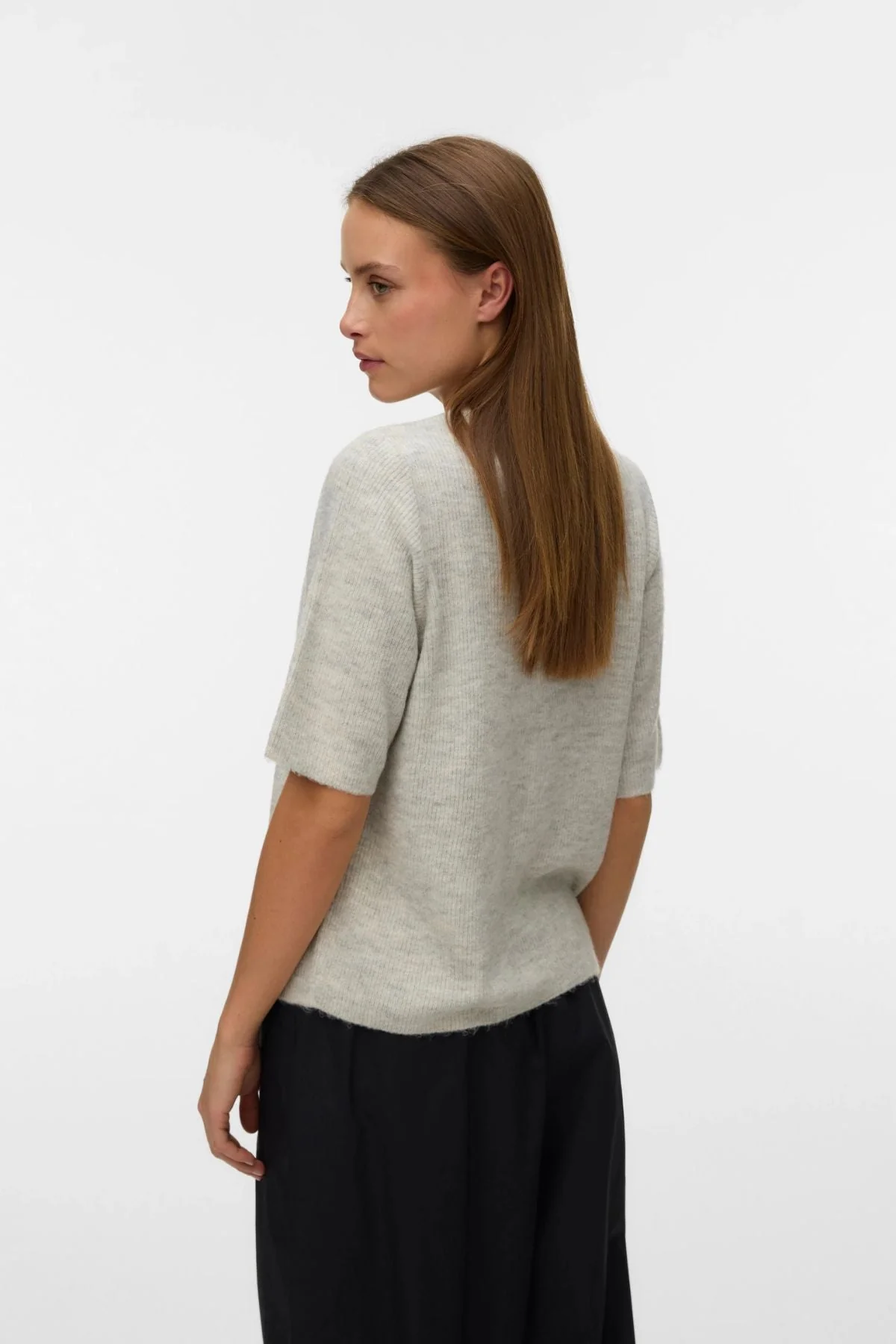 Lefile 2/4 O-Neck Pearl Cardigan - Light Grey Melange - Image 3