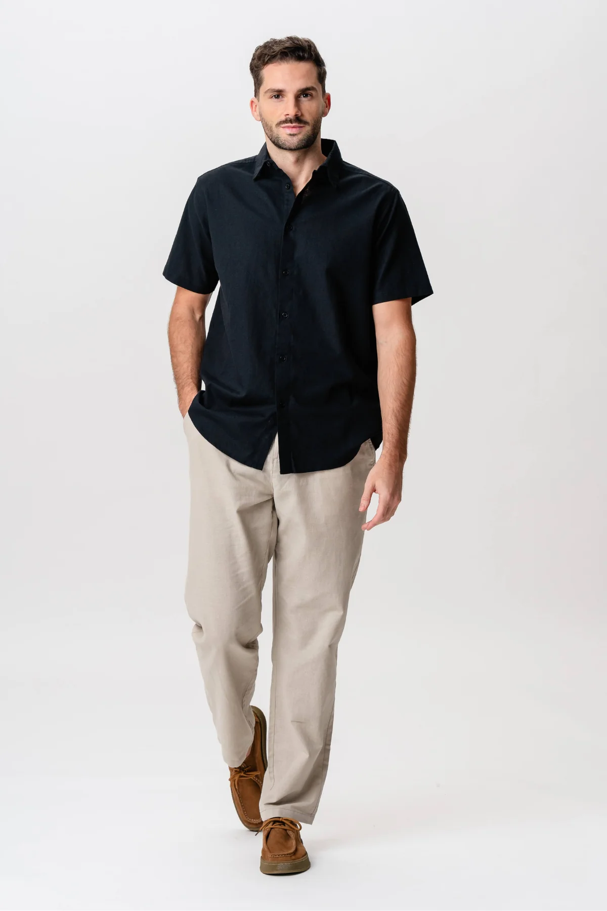 Short Sleeve Linen Shirt - Black - Image 3