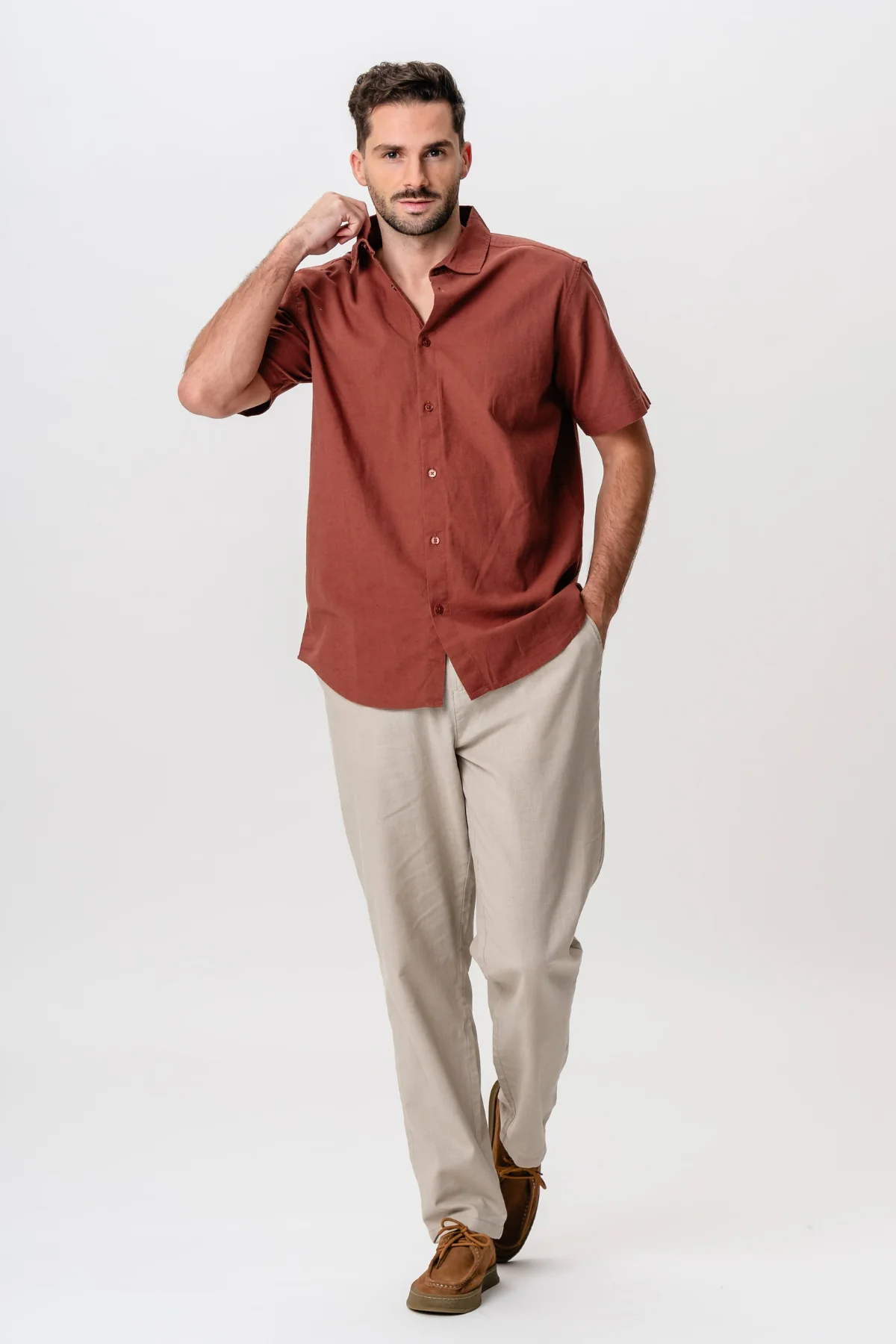 Short Sleeve Linen Shirt - Terracotta - Image 3