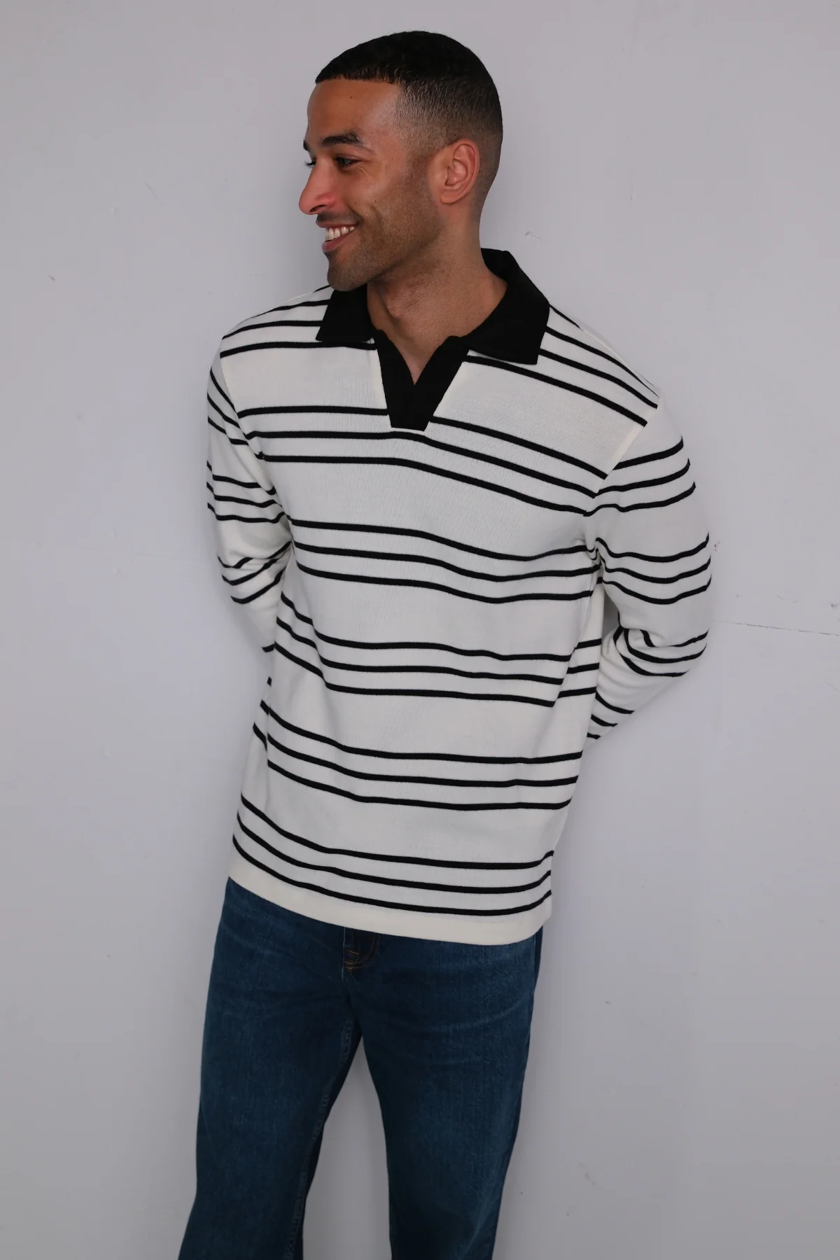 Striped Long-sleeved Polo - Ecru - Image 2